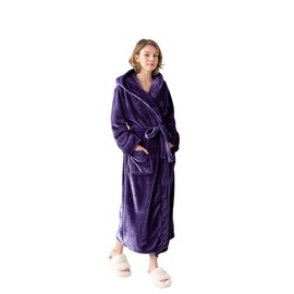 KORBLISS Robes for Women - Hooded Plush Fleece Bathrobe with Sash & Pockets, Full-Length Lightweight Spa Robe, Warm Silky Soft, Purple, M
