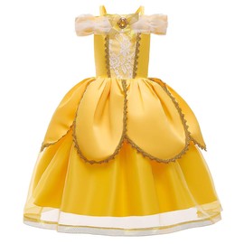 HOIZOSG Belle Princess Dress Up for Girls Beauty and The Beast Halloween Costume Christmas Birthday Party Gown w/Accessories Yellow 001 6-7T