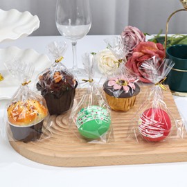 100 Pcs 5x6.5" Cellophane Muffin Bags with Gold Twist Ties – Commercial-Grade Flat-Bottom Design for Cupcakes, Cookies & Pastries (Fits Macarons/Chocolates/Strawberries) – Reusable