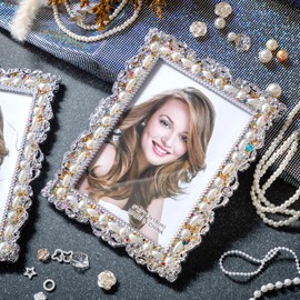 Yookeer 2 Pack 5 x 7 Inch Pearl Crystal Picture Frame Resin Wedding Photo Frame Jewel Picture with Rhinestones Photo Gift for Wedding Table Top Desktop Display