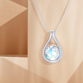 MEIDERBO Earth Necklace for Women 925 Sterling Silver World Map Pendant Necklace Moonstone Jewelry for Birthday Christmas