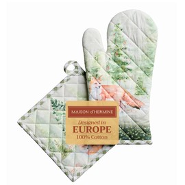 Maison d’ Hermine 100% Cotton Oven Mitt & Pot Holder Set (7.5x13 & 8x8 Inches) – Heat-Resistant Mittens for Cooking, Baking & BBQ – Soft, Durable, Easy to Use, Winter Mornings - Thanksgiving/Christmas