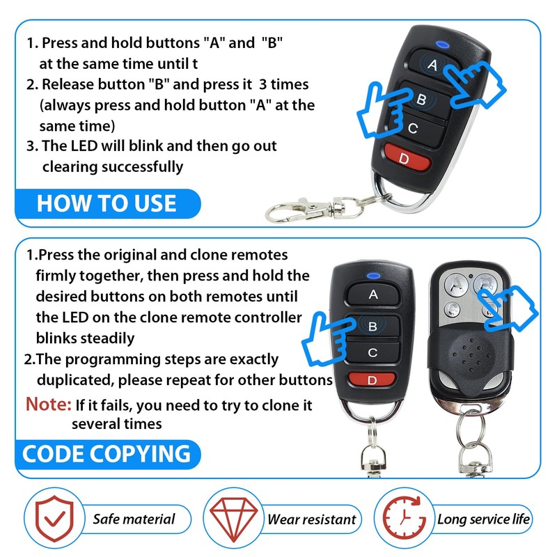 Pack of 4 Universal Garage Door Remote Controls 433 MHz