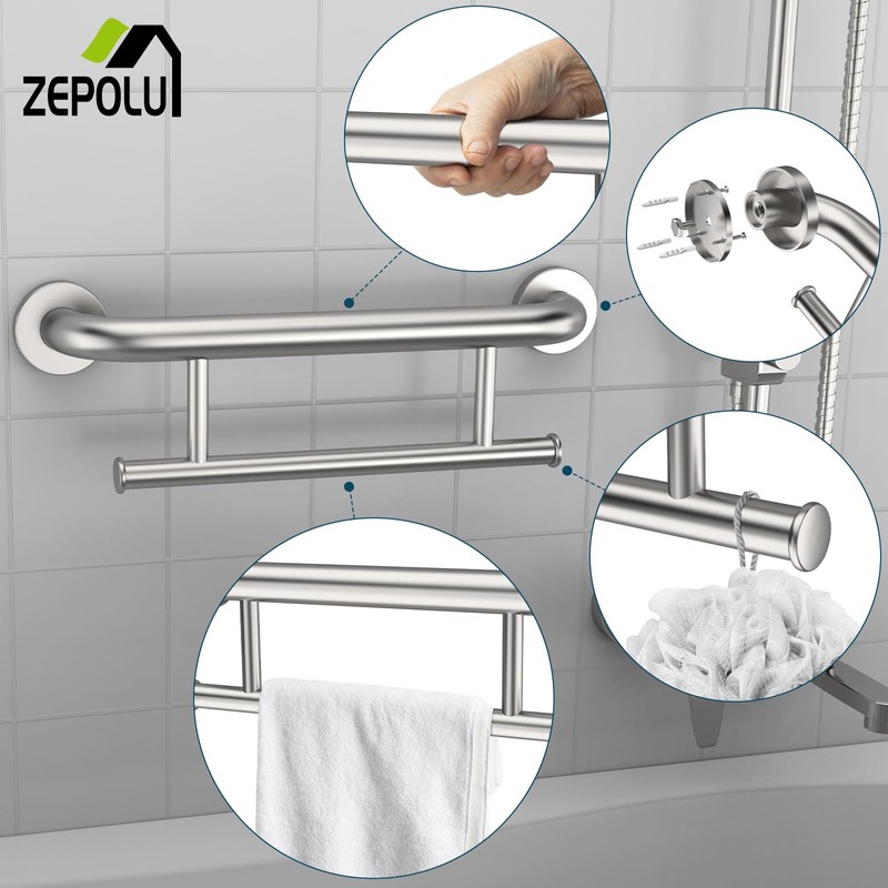 Brushed Nickel Towel Rack Grab Bar Combo, Zepolu Stainless Steel