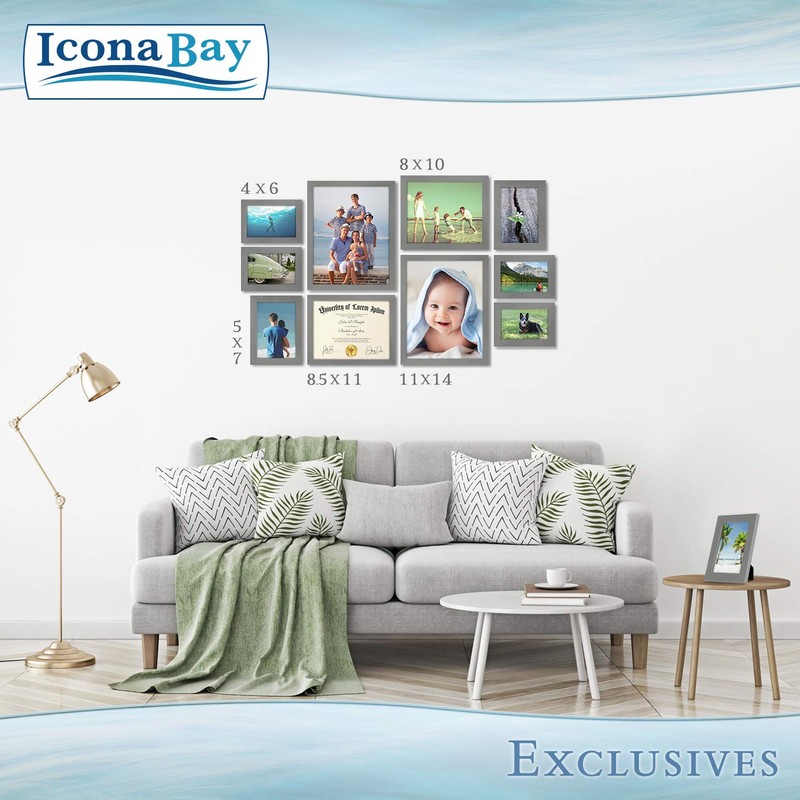 Icona Bay 8x10 Picture Frames (Gray, 3 Pack), Sturdy Wood