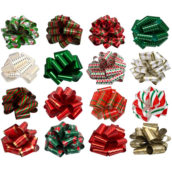 16 Pieces Christmas Bows for Present, Pull Bows for Gift Wrapping, Easy and Fast Wrapping Christmas Gift Bows with Ribbon, Holiday Gift Bows for Boxing Day, Hanukkah, Wreath, Christmas Tree (5" Wide)