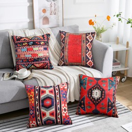 Red Cushion Covers Turkish Cushions Oriental Carpet Tribal Pattern Boho Decorative Throw Pillowscase Geometric Cushion Cover Linen Vintage Cushion For Livingroom Outdoor Sofa Home Deco 4 Set