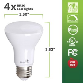 Bioluz LED 4 Pack BR20 LED Bulb 5000K Daylight Led Bulbs 6W=50W, 90 CRI, 540 Lumen, Dimmable LED Light Bulbs, Cool White Light Bulbs, Indoor/Outdoor Flood Light Bulbs, UL Listed & Title 20 Compliant