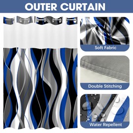 Nkzply No Hook Shower Curtain and Liner Set Blue Striped Shower Curtain with Snap in Liner Fabric Modern Black Grey Bathroom Set See Through Top Window Washable 71x74 Inch