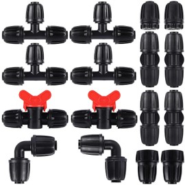 16PCS1/2-inch Irrigation Fitting Black Lock Barb Connector for (1/2" ID x0.64 OD) 16mm Eyedropper Barb Lock Nut Connector 2 End Caps,2 Elbows,2 On-Off Valves,4 Triway Ard 2 Adapters,4 Straight