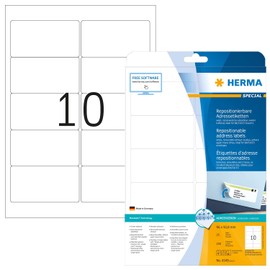 HERMA 4349 Universal Etiketten ablösbar, 25 Blatt, 96 x 50,8 mm, 10 pro A4 Bogen, 250 Stück, selbstklebend, bedruckbar, matt, blanko Papier Klebeetiketten Aufkleber, weiß