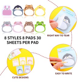 160 Sheets Cartoon Animal Sticky Notes, Cute Cartoon Memo Sticky Note Self Stick Animal Notepad Page Markers Flags for Home, School and Office, 8 Styles 7 x 6 CM