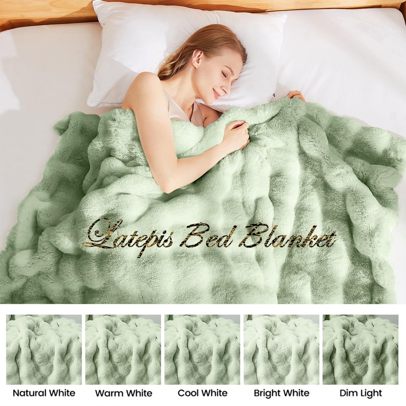 Latepis Faux Fur Throw Blankets Sage Green Bubble Cozy Soft