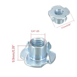 1/4"-20 T-Nuts (100 Pack),4 Pronged Tee Nuts for Wood, Rock Climbing Holds, Cabinetry (Carbon Steel, 1/4"-20)