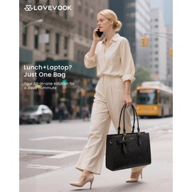 LOVEVOOK Laptop Lunch Tote Bag for Women, Work Bag with Insulated Lunch Compartment 15.6 Inch 2 in 1 Lunch Tote Large Handbag Briefcase for Work, Teacher, Nurse, Office, Collage, Casual, Black