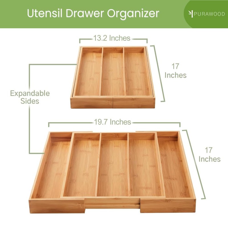 Purawood Kitchen Drawer Organizer - Expandable Utensil Drawer Organizer for