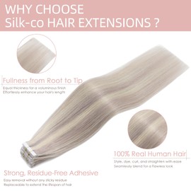 Silk-co 18inch Tape in Hair Extensions Real Remy Human Hair Extension Ombre Balayage Hair Tapes on Grey/Bonde Hair Extensions