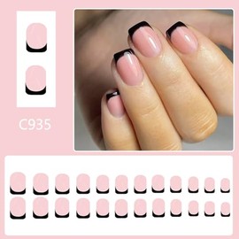 Uñas postizas cuadradas cortas con punta francesa negra para uso diario, uñas postizas brillantes de cobertura total, uñas acrílicas color nude para m