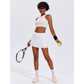 PINSPARK Pleated Tennis Skirts for Women 14" Tummy Control Pickleball Skirt High Waisted Active Skort Activewear, White Medium