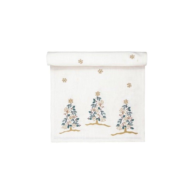 GreenGate Lucie Xmas Table Runner White with Fir Trees Embroidered