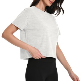 Womens Basic Summer T-Shirts Crew Neck Short Sleeve Crop Tops for Teens Active Tees Trendy Golf Gym Oversized Tshirts for Women Cotton Hip Hop Travel Yoga Casual Knit Workout Tops Light Grey M