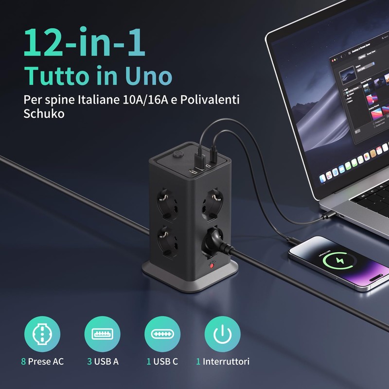 2 M Ciabatta Elettrica Multipresa con 8 Prese Universali ITA