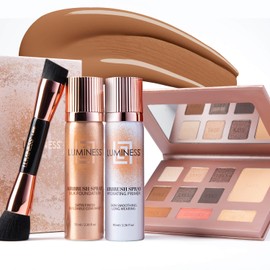 LUMINESS Complete Makeup Kit - Includes Face Palette, Airbrush Foundation, Primer and Brush - Silky, Long-Wearing, Easy to Blend, Perfect Makeup for Older Women, 4-PC Make Up Set (10 - Tan)