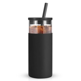 Tronco 20 oz Glass Tumbler With Lids and Straws, Reusable Smoothie Cups With Silicone Lid, Iced Coffee Cup With Silicone Protective Sleeve, Dishwasher Safe- BPA Free（Black 1 Count）