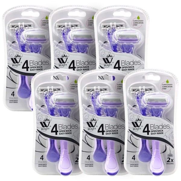 Natural Solution 4-Blades Razor for Ladies, Smoother Body Shave, Infused with Vitamin E & Aloe, Pubic Hair Trimmer Women, 6 Pack (12 Pieces), Pink/Purple