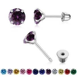 Round Cubic Zirconia Stud Earrings for Women Girls, 4mm Birthstone Stud Earrings Hypoallergenic Flat Back Stud Earrings Stainless Steel Cartilage Earrings Brilliant Handmade Screw Back Earrings (02-February-Sliver)