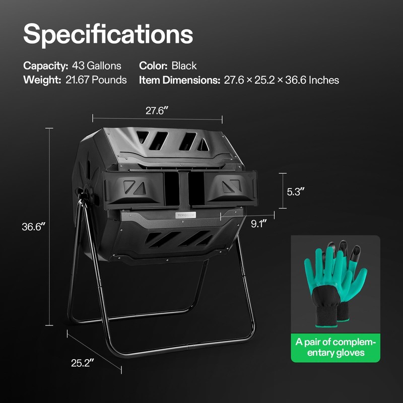 VIVOSUN Outdoor Tumbling Composter Dual Rotating Batch Compost Bin, 43