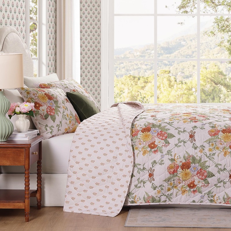 Floral Quilt Set Queen Size, Farmhouse Bedspread Bedding Set with