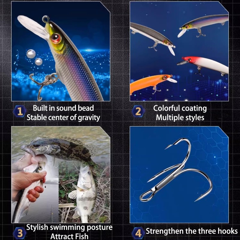 Fishing Lure Set with Sound Bead, Multicoloured Coating, 3 Hooks,