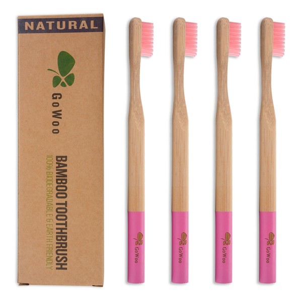 GoWoo 100% Natural Bamboo Toothbrush Soft - Organic Eco Friendly Toothbrushes with Soft Nylon Bristles, BPA-Free, Biodegradable, Dental Care Set (Pack of 4, Adult, Pink)