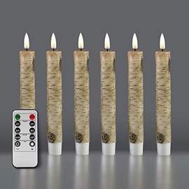 Eywamage 6 Pack Birch Flameless Taper Candles with Remote, Flickering Realistic Battery Tapered Window Candles 7" Tall