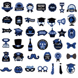 40pcs Graduation Photo Booth Props, Bachelor's Hat Trophy Picture Props Pose Sign with Long Sticks for Class of 2025 Backdrop Picks Graduation Party Decorations Grad Photography Supplies (Blue, Black)