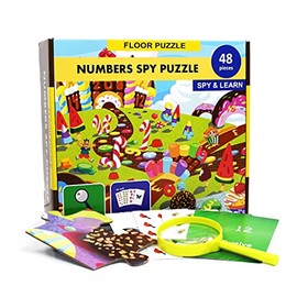 Number Spy Puzzle with Flashcards and Magnifying Glass 2ft x 3ft -Large 48 Piece Candy Land Jigsaw Floor Puzzles for Kids Ages 3-5 – Preschool Learning Resource Gift for Toddlers