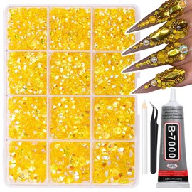 RODAKY Flatback Rhinestones with B7000 Glue,3-6mm Mixed Size Nail Diamonds Rhinestones for Nail Art,Yellow AB Non Hotfix Gems for DIY Crafts,Bling Jollin Rhinestones for Clothes Shoes Decoration