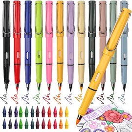 GAOGHE Swify Magic Pencil, Pack of 12, Eternal Pencil with Eraser & 24 Replacement Tips, No Sharpening & Inkless Colouring Pencils for Children Adults