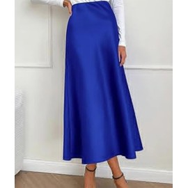 SEMATOMALA - Falda midi de satén para mujer, estilo casual, cintura alta, con volantes, elegante, falda de fiesta y boda, Azul Real, X-Large