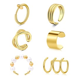 Funseedrr 3-6 Pieces Ear Cuff Stainless Steel Ear Cuff Fake Helix Cartilage Earrings No Piercing Ear Clips Gold, Stainless Steel