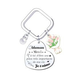 LUODAN Geschenk für Mama, Schlüsselanhänger zum Muttertag, Sentimental für Mutter, mit rosa Schmetterling und Blume, Liebesbotschaft auf Französisch, Schlüsselanhänger mit Herz für Mutter, Weihnachten