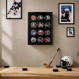 Hockey Puck Display Case with 12 Stands for Puck Collection, Wooden Hockey Puck Holder Cabinet Shadow Box Wall Mount for Signed Autographed Signature Pucks Real Glass Door and Metal Lock