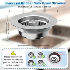 NinjaTiger Kitchen Sink Drain Strainer - 2-Pack Stainless Steel Sink Stopper 3-in-1 Pop-Up Sink Strainer with Anti-Clogging Basket Odor Filter Sink Drain Cover Plug for US Standard 3-1/2 Inch Drain