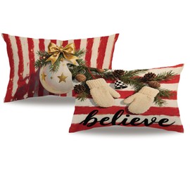 Christmas Decorative Throw Pillow Cover,12x20 Inch Gloves Hello Winter Decorative Red White Stripe Lumbar Pillow Cases Winter Holiday Farmhouse Home Decor Cushion Covers 2Pack For Couch Sofa Patio