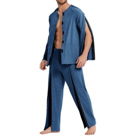 Deyeek Post Shoulder Surgery Shirts for Men Chemo Port Shirts Dialysis Patient Care Tear Away Cotton Pajamas Set Navy