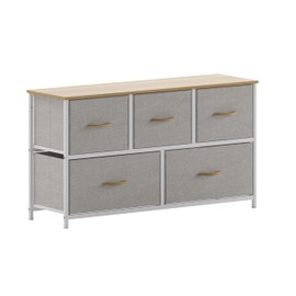 Flash Furniture Harris 5 Drawer Vertical Storage Dresser, Engineered Wood Top and Cast Iron Frame, Easy Pull Non-Woven Fabric Drawers with Wooden Handles, White/Beige