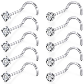 Qiwnswoy 22G Stainless Surgical Steel Nose Rings Studs - Screw Nose Rings with 1.5mm Diamond CZ Stones for Women & Men - Silver