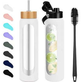 FULBEVY 32 oz Glass Water Bottles - 1 Liter Motivational Tumbler Water Bottle Time Marker - Borosilicate Glass Water Bottle With Silicone Sleeve and 2 Lids, Handle Spout & Bamboo Straw Lid