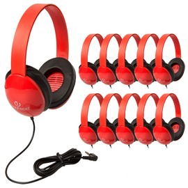 Egghead Heavy-Duty Kids' Headphones with Padded Ear Cups and 6' Cord, Adjustable Tangle-Free Plastic Classroom Headphones for Kids, Pack of 10, Red
